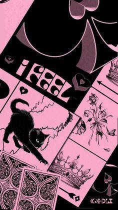 the black cat is walking around playing cards