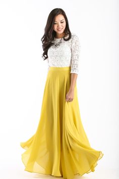 With flowy layers, a flattering silohuette and gorgeous yellow-chartreuse color, this skirt is bright essential for your wardrobe. Skirt And Top For Party, Top For Party Wear, Long Yellow Skirt, Yellow Skirt Outfit, Chifon Dress, Paris Morning, Yellow Maxi Skirt, Yellow Chartreuse, Yellow Maxi Skirts