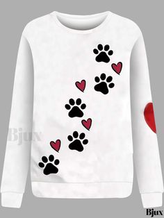 Bjux - Womens Heart & Paw Print Pullover Sweatshirt: Cozy Long Sleeve Crew Neck Sweatshirt for Fall & Winter, Ideal Casual Attire Cozy Crew Neck Top With Heart Print, Cute Heart Print Tops For Winter, Winter White Tops With Heart Graphic, White Tops With Heart Graphic For Winter, Winter White Tops With Heart Print, White Heart Print Tops For Winter, White Long Sleeve Tops With Heart Print, White Long Sleeve Top With Heart Print, Winter Crew Neck Sweatshirt With Heart Print