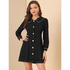 A great addition to your wardrobe is the shirt dress, which is always in trend. A contrast trim adds impeccable vintage to this long-sleeved dress. Add some sparkle to your look with this A-line dress featuring a peter pan collar and lovely contrast piping for enhanced femininity. This fitted and flared dress features button detailing at the front, long puff sleeves, and an A-line silhouette. The fitted and A-line dress construction adds a playful touch to your outfit, and the button detailing c Black Long Sleeve Vintage Mini Dress, Vintage Black Long Sleeve Mini Dress, Single-breasted Long Sleeve Mini Dress For Fall, Single Breasted Long Sleeve Mini Dress For Fall, Long Sleeve Buttoned Dress For Work, Formal Long Sleeve Shirt Dress With Placket, Party Shirt Dress With Long Sleeves And Buttons, Party Long Sleeve Shirt Dress With Buttons, Long Sleeve Shirt Dress For Party With Buttons