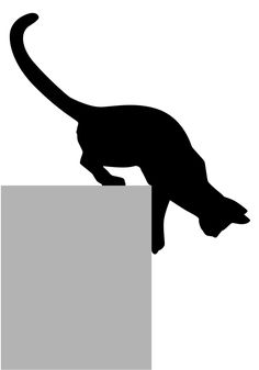 a black silhouette of a cat on top of a white block with the tail up