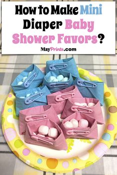 how to make mini diaper baby shower favors on a plate with polka dot tablecloth