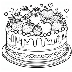 a cake with strawberries and other fruits on it, outlined in black and white