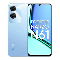 the front and back view of a blue smartphone with text reading realme nazzo n61