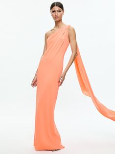 Anja One Shoulder Draped Maxi Dress In Coral | Alice + Olivia Neck Scarf Dress, Bridesmaid Dresses Orange, Dresses Orange, Coral Maxi Dresses, Maxi Dress Red, Spring Wedding Guest Dress, Spring Wedding Guest, Drape Maxi Dress, Dress Drape