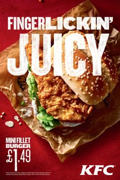 a chicken sandwich with lettuce and tomato on it is featured in the kfc's new ad