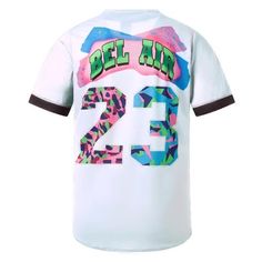 90s Bel Air Baseball Jersey Outfit for Party and Daily Moisture-wicking Crew Neck Baseball Jersey For Streetwear, Moisture-wicking Baseball Jersey For Streetwear, Graphic Print Baseball Jersey For Streetwear, Graphic Print Jersey For Baseball Season Streetwear, Throwback Streetwear Jersey With Graphic Print, Throwback Graphic Print Jersey For Streetwear, Sporty Multicolor Graphic Print Jersey, White Graphic Print Jersey For Streetwear, Casual Streetwear Jersey With Letter Print