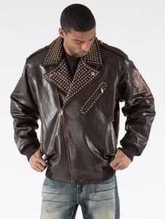 Brown Long Sleeve Punk Biker Jacket, Fitted Brown Leather Punk Jacket, Brown Punk Long Sleeve Outerwear, Brown Long Sleeve Punk Outerwear, Fitted Outerwear With Rivets For Fall, Brown Edgy Biker Jacket For Streetwear, Edgy Fitted Brown Outerwear, Edgy Brown Streetwear Outerwear, Edgy Brown Outerwear For Streetwear