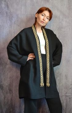 Evening Collection. Black Linen Coat. Jacket With Vintage Embroidery - Etsy Bosnia and Herzegovina Traditional Embroidered Outerwear For Work, Elegant Fall Outerwear With Gold Embroidery, Elegant Long Embroidered Outerwear, Winter Outerwear With Gold Embroidery And Long Sleeves, Elegant Long Sleeve Outerwear With Gold Embroidery, Elegant Long Linen Outerwear, Linen Kimono, Linen Coat, Blue Coffee