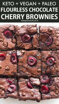 keto and vegan chocolate brownies with cherries on top