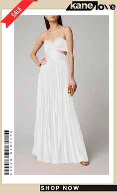 Women's Low Back Solid Straps Pleated Dress White Pleated Prom Dress, White Fitted Pleated Maxi Dress, Spring Formal Cutout Dress, White Pleated Maxi Dress For Party, Summer Prom Dress With Cutout, Formal Spring Maxi Dress With Cutout, Spring Formal Maxi Dress With Cutout, White Cutout Dress For Formal Occasions, White Cutout Formal Dress