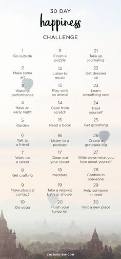 The 30 Day Happiness Challenge|Pinterest: @theculturetrip 30 Day Happiness Challenge, Happiness Challenge, Happiness Project, Vie Motivation, Logan Paul, Health Day, Health Challenge, 30 Day Challenge, Self Care Activities