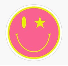 a pink and yellow smiley face with stars on it's forehead sticker is shown