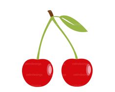 two cherries with green leaves on white background