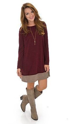 No need to worry about dresses that are cute, but not weather-practical, for the cooler weather! $48 at shopbluedoor.com Tunic Dress With Leggings, Dresses With Boots Fall, Casual Fall Dress, Dresses With Boots, Red Is My Favorite Color, Dress With Leggings, Trending Dress, Dress Wine, Brown Suede Boots