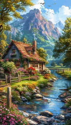 a painting of a house by a stream with mountains in the background and flowers around it