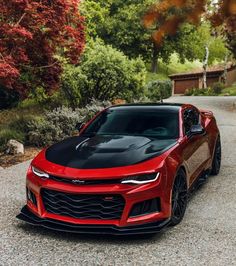 a red and black chevrolet camaro is parked on the street in front of some trees