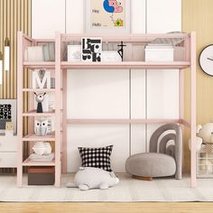 a pink bunk bed sitting next to a white dresser and chair in a room with beige walls