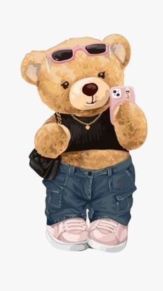 a brown teddy bear wearing sunglasses and holding a cell phone in his hand with both hands