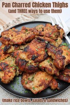 platter of pan charred chicken thighs garnished with parsley Charred Chicken, Like Rice, Chicken Sandwiches, Gluten Free Chicken, Chicken Sandwich, Rice Bowls