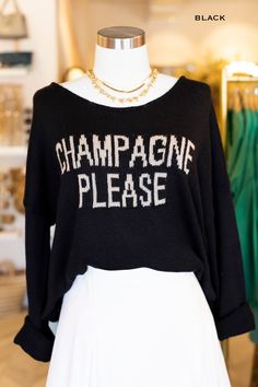 Get the party started in these adorable Champagne sweaters! Showcased in 4 color options, our champagne sweaters are crafted with a light weave that is soft to the touch. This sweater is a perfect transitional piece as the weather changes throughout the seasons. Cozy up at home or go out on the town with this versatile piece that is a must have in your wardrobe. Perfect for bachelorette parties, brunch dates, and so much more! "Champagne Please" sweater, Lightweight weave perfect for layering, L Fall Party Crew Neck Knit Top, Fall Party Knit Top With Crew Neck, Trendy Long Sleeve Knit Top For Party, Spring Party Crew Neck Knit Top, Spring Party Knit Top With Crew Neck, Spring Crew Neck Knit Top For Party, Chic Winter Knit Top For Party, Long Sleeve Knit Top For Party, Fitted Crew Neck Knit Top For Party