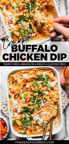 buffalo chicken dip in a white casserole dish with two servings on the side