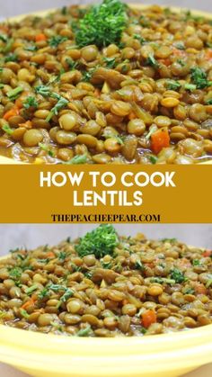 lentils with broccoli and carrots in a yellow bowl