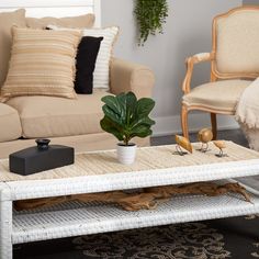 a living room with two couches and a coffee table in front of the couch