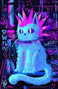 a painting of a cat sitting on top of a chair with pink and blue sprinkles