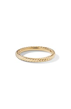 18-karat yellow gold. 2mm wide. Smooth interior. By David Yurman; imported. Luxury Stackable Yellow Gold Rings, Luxury Gold Stackable Rings With Polished Finish, Timeless Stackable Yellow Gold Engraved Ring, Fine Jewelry Yellow Gold Stackable Rings With Decorative Band, Luxury Stackable Yellow Gold Bands, Classic Yellow Gold Stackable Rings With Diamond Cut, Yellow Gold Stackable Rings With Decorative Band, Elegant Engraved Yellow Gold Band, Elegant Yellow Gold Engraved Band