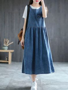 Sleeveless Long Dress, Outfit Jeans, Linen Casual, Pinafore Dress, Vestido Casual, Casual Denim, Grey Blue, Japanese Fashion, Gray Dress