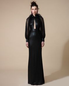 Gemy Maalouf | Evening Dresses | Raglan See-Through Feathered Dress