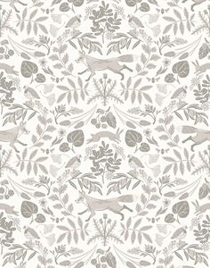 a white and gray floral wallpaper with deers