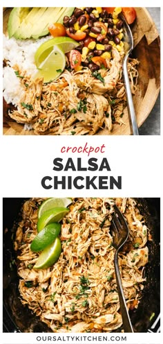 two pictures with the words crockpot salsa chicken on them and an image of a skillet