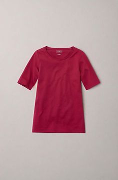 Knit from soft, high-quality combed cotton, our best-value jewelneck t-shirt is designed to look great and keep its vibrant color wash after wash. Slightly Fitted: Softly shapes the body. Falls at hip. Interlock-knit from fine, strong yarns that are ultrasoft and resist pilling. 100% cotton. Machine wash and dry. Printed label. Imported. Fit: Slightly Fitted | Women's L.L.Bean Jewelneck Tee, Elbow-Sleeve, Cotton Fitted Organic Cotton Top For Fall, Cotton Crew Neck Short Sleeve Top For Fall, Fall Cotton Crew Neck Short Sleeve Top, Classic Organic Cotton Solid Tops, Red Organic Cotton Crew Neck Top, Solid Cotton Short Sleeve Top For Fall, Red Casual Organic Cotton Top, Casual Red Organic Cotton Top, Classic Red Tops For Everyday Wear