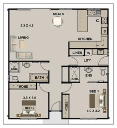 the floor plan for a two bedroom apartment with an attached kitchen and living room area