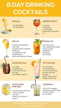 8 Day Drinking Cocktails including refreshing favorites like the Mimosa, Aperol Spritz, and Bellini. Perfect recipes for brunch, picnics, and sunny afternoons! Drinking Recipes, At Home Cocktails, Basic Cocktails, Pimms Cup, Sparkling Lemonade, Easy Cocktail Recipes, Cocktail Ideas, Peach Slices, Day Drinking