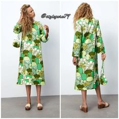 Loved This Dress So Much I Bought Knowing I’d Need A Size Large But Wanted To Gamblenope! Still Def Need A Size Large. My Loss Is Your Gain. Would Be Perfect For A Retro Cocktail Party In Palm Springs - Think Modernism Week! Very Mid Century Caftan Lounge Style! Green Printed A-line Midi Dress, Green Long Sleeve Midi Dress For Day Out, Printed Green Midi Dress For Fall, Zara Green Floral Print Maxi Dress, Zara Green Summer Maxi Dress, Green Long Sleeve Summer Midi Dress, Green Zara Summer Maxi Dress, Retro Green Dress For Brunch, Retro Printed Midi Dress For Spring