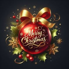 merry christmas ornament with golden ribbon and holly leaves on black background, 3d rendering