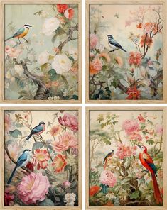 Birds On Flower Blossom Branches Vibrant Colorful Pictures Framed Wall Art 4 Pieces Paper Print Chinoiserie Illustration, Colorful Picture Frames, Bird And Flower, Flower Vintage, Hanging Posters, Picture Frame Wall, Asian Inspired, Floral Illustrations, Paper Print