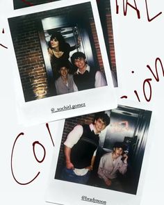 three polaroid photos of people posing in front of a brick wall with the words collage over them