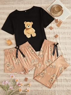 Bear Print Tee & Bow Front Shorts & Pants PJ Set / Pajama Set Multicolor Cute    Cartoon Pant Sets Medium Stretch All Women Sleep & Lounge, size features are:Bust: ,Length: ,Sleeve Length: Cute Pajama Outfits, Pajama Fashion, Pajama Outfits