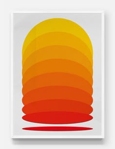 an orange, yellow and red poster on a white wall with the sun in the background