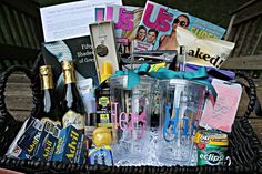 a basket filled with lots of items sitting on top of a wooden table