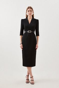 Structured Crepe Forever Belted Midaxi Pencil Dress | Karen Millen Classic Tailored V-neck Dress, Elegant Fitted Belted V-neck Dress, Classic V-neck Dress With Fitted Waist, Classic V-neck Semi-formal Dress, Formal V-neck Midi Dress, Fitted Long Sleeve V-neck Dress For Office, Elegant Fitted V-neck Dress For Semi-formal Occasions, Elegant Fitted V-neck Semi-formal Dress, Fitted V-neck Midi Dress For Career