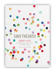 the save the date card is displayed on an iphone screen, with colorful confetti sprinkles