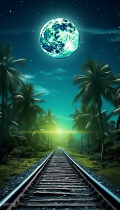 an image of a train track with the moon in the sky and palm trees on either side