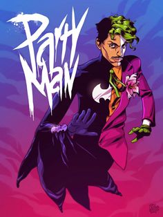 a man in a purple suit and green hair with his hands on his hips, holding a