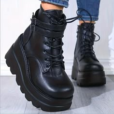 Category:Boots; Upper Materials:PU; Season:Winter; Heel Type:Platform,Chunky Heel; Gender:Women's; Toe Shape:Round Toe; Type:Booties Ankle Boots; Style:Industrial Style,Fashion,Gothic,Comfort,Punk; Heel Height(inch):2-3; Outsole Materials:Rubber; Occasion:Outdoor,Daily,Party; Closure Type:Lace-up; Pattern:Solid Color; Listing Date:09/24/2023; 2023 Trends:Plus Size,Combat Boots,Platform Boots,Lace Up Boots,Height Increasing Shoes Wedge Boots Ankle, Leather Motorcycle Boots, Ankle Boots Women, Shoes Stylish, Lace Up High Heels, Ankle Shoes, Wedges Shoes, Platform Heels Chunky, New Rock