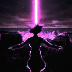 a person standing in the dark with their arms spread out and purple lights shining behind them